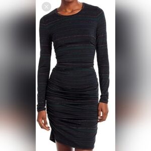 Veronica Beard Daphne Long Sleeve Black Striped Ruched Bodycon Dress